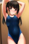  1girl arms_behind_head black_hair blue_swimsuit brown_eyes collarbone competition_swimsuit covered_navel cowboy_shot flat_chest highres long_hair looking_at_viewer matsunaga_kouyou one-piece_swimsuit original solo swimsuit twintails 