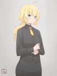  1girl adjusting_clothes adjusting_sleeves ahoge amano_soraha artist_name assault_lily bangs black_pants black_shirt black_vest blonde_hair blue_eyes buttons closed_mouth collared_shirt commentary_request cowboy_shot eyebrows_visible_through_hair formal gradient gradient_background grey_background hair_between_eyes hair_tie hands_up highres long_hair long_sleeves looking_at_viewer low_ponytail necktie pants ponytail shirt smile solo standing tanin050 vest yellow_necktie 