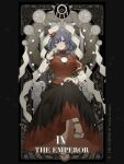  1girl breasts card_(medium) character_name commentary dress english_commentary hair_ornament highres layered_sleeves leaf_hair_ornament long_sleeves looking_at_viewer puffy_sleeves purple_hair rcs_4 red_dress red_eyes red_shirt rope shirt short_hair short_over_long_sleeves short_sleeves sitting skirt smile solo tarot tarot_(medium) the_emperor_(tarot) touhou white_shirt yasaka_kanako 