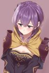  1girl bangs bernadetta_von_varley black_dress blush breasts cleavage commentary_request dress earrings fire_emblem fire_emblem:_three_houses grey_eyes hair_between_eyes jewelry jiino purple_background purple_hair short_hair shoulder_tattoo simple_background small_breasts solo tattoo upper_body 