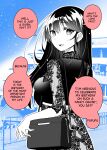  1girl :d absurdres bag blue_background breasts colored_speech_bubble commentary cruise_ship earrings english_commentary english_text greyscale_with_colored_background hair_between_eyes hard-translated highres jewelry lace_skirt lace_sleeves large_breasts long_hair looking_at_viewer looking_back maika_(ogata) ogata_(daitikun0220) open_mouth original outdoors shoulder_bag smile solo speech_bubble stud_earrings third-party_edit 