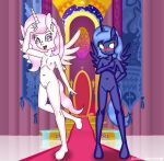  absurd_res anthro blossomblaze duo equid equine fan_character female female/female friendship_is_magic genitals hasbro hi_res horn horse humanoid mammal my_little_pony nipples pony pose princess_celestia_(mlp) princess_luna_(mlp) pussy spread_legs spreading winged_unicorn wings 