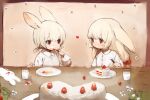 2girls animal_ears bow cake child cream cream_on_face eating food food_on_face fork fruit glass hair_bow heart highres long_hair low_twintails multiple_girls original plate rabbit_ears rabbit_girl red_eyes ribbon shirokujira shirt short_hair short_twintails sitting strawberry table twintails white_hair white_shirt 