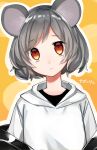  1girl :&lt; alternate_costume animal_ears black_jacket black_shirt casual character_name closed_mouth commentary contemporary eyebrows_visible_through_hair grey_hair highres hood hoodie jacket katsuobushi_(eba_games) looking_at_viewer mouse_ears nazrin off_shoulder orange_eyes shirt short_hair solo touhou translated upper_body white_hoodie 