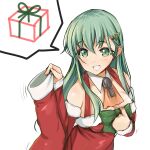  1girl aqua_hair ascot christmas_stocking cowboy_shot dress fur-trimmed_dress fur_trim green_eyes grin hair_ornament hairclip highres kantai_collection long_hair looking_at_viewer official_alternate_costume orange_ascot red_dress santa_dress simple_background smile solo speech_bubble suzuya_(kancolle) upper_body white_background yashin_(yasinz) 