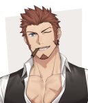  &gt;_o 00047 1boy bara black_vest blue_eyes brown_hair cigarette collared_shirt cross_scar facial_hair fate/grand_order fate_(series) goatee highres long_sideburns looking_at_viewer male_focus napoleon_bonaparte_(fate) one_eye_closed pectoral_cleavage pectorals scar scar_on_chest shirt short_hair sideburns smile solo upper_body vest white_shirt 
