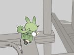  1girl anor_londo back_bow bow chibi chibi_only commentary_request dark_souls_(series) dark_souls_i full_body green_bow green_hair green_shorts grey_background highres long_hair low_ponytail rafters running shirt shorts solo voiceroid voicevox white_shirt yamanobori zundamon 
