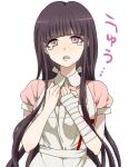  1girl apron bangs black_hair blush breasts collared_shirt danganronpa_(series) danganronpa_2:_goodbye_despair dosugon hands_up large_breasts long_hair mole mole_under_eye open_mouth pink_eyes pink_shirt shirt short_sleeves solo tearing_up translation_request tsumiki_mikan white_apron 