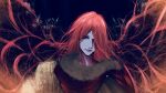  1girl cape closed_mouth elden_ring floating_hair fur_collar hair_over_one_eye highres kur0zeu long_hair looking_at_viewer malenia_blade_of_miquella one_eye_covered portrait red_cape red_eyes red_hair solo 