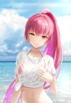  1girl absurdres bangs bikini bikini_under_clothes blurry blurry_background cloud collarbone day earrings floating_hair hair_between_eyes halterneck head_tilt heart_pendant heterochromia high_ponytail highres hololive houshou_marine jewelry long_hair looking_at_viewer midriff navel o29sukizero ocean outdoors pink_hair red_eyes shiny shiny_hair shirt short_sleeves solo stomach summer swimsuit tied_shirt upper_body very_long_hair virtual_youtuber wet wet_clothes wet_hair wet_shirt white_shirt yellow_eyes 