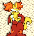  anthro breasts delphox fangs female hand_on_breast hand_on_hip hi_res inner_ear_fluff looking_at_viewer mahoxy mature_female navel nintendo pok&eacute;mon pok&eacute;mon_(species) red_eyes simple_background slightly_chubby smile solo standing tuft video_games wide_hips 