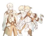  1girl 2boys absurdres armor bedivere_(fate) blush_stickers breastplate brother_and_sister cape closed_eyes commentary_request fate/grand_order fate_(series) gareth_(fate) gauntlets gawain_(fate) gs_presents hair_between_eyes hair_tubes height_difference highres hug hug_from_behind knight knights_of_the_round_table_(fate) long_hair looking_at_another multicolored_hair multiple_boys open_mouth plackart ponytail short_hair siblings simple_background smile streaked_hair sweatdrop white_background 