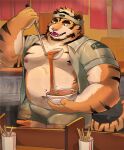  2022 absurd_res anthro bottomwear bulge clothing detailed_background felid food genital_outline hi_res humanoid_hands kemono male mammal moobs morningbread16 musclegut navel nipples noodles overweight overweight_male pantherine penis_outline ramen shorts solo tiger 