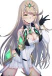  1girl absurdres bangs bare_legs bare_shoulders blonde_hair blowing_kiss breasts chest_jewel cleavage cleavage_cutout clothing_cutout dress earrings elbow_gloves gloves highres jewelry large_breasts latte long_hair mythra_(xenoblade) short_dress solo swept_bangs thigh_strap tiara very_long_hair white_dress white_gloves xenoblade_chronicles_(series) xenoblade_chronicles_2 yellow_eyes 