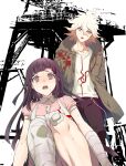  1boy 1girl :o apron bandaged_arm bandaged_leg bandages bandaid bandaid_on_knee bandaid_on_leg bangs black_background black_hair black_pants blush breasts brown_hair chain danganronpa_(series) danganronpa_2:_goodbye_despair dosugon feet_out_of_frame green_jacket hair_between_eyes hood hood_down jacket komaeda_nagito large_breasts long_hair messy_hair mole mole_under_eye multicolored_hair open_clothes open_jacket pants pink_eyes pink_shirt print_shirt shirt sweat teeth tsumiki_mikan two-tone_hair upper_teeth white_background white_hair 