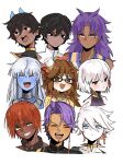  3girls 6+boys arjuna_(fate) arjuna_alter_(fate) ashwatthama_(fate) bare_shoulders bhima_(fate) black_eyes black_hair black_shirt blue_eyes blue_skin blue_vest blush bow brown_eyes brown_hair closed_eyes collar colored_skin dark-skinned_male dark_skin dress duryodhana_(fate) earrings elephant_hat facial_mark fate/grand_order fate_(series) forehead_mark ganesha_(fate) glasses grin hair_bow hair_ribbon highres horns indian_clothes jacket jewelry jinako_carigiri kali_(fate) kama_(fate) kama_(first_ascension)_(fate) karna_(fate) long_hair long_sleeves looking_at_viewer metal_collar multicolored_hair multiple_boys multiple_girls neck_ring necklace nyokinyoki_18 open_mouth pale_skin parted_bangs pink_hair purple_dress purple_eyes purple_hair red_eyes red_hair ribbon shirt short_hair smile spiked_collar spikes two-tone_hair vest white_hair white_jacket yellow_eyes yellow_shirt 