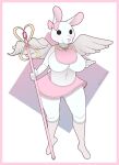  5_fingers anthro anthrofied big_breasts border bottomwear breasts clothing collar danganronpa_2 featureless_breasts female fingers footwear fur gradient_background hi_res knee_highs knee_socks lagomorph legwear leporid makydeli_(artist) mammal navel pink_apron pink_inner_ear pink_nose rabbit ribbons round_tail simple_background simple_eyes simple_face skirt socks solo staff thick_thighs usami usami/monomi visible_underwear white_body white_fur 