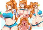  1girl ahegao areolae ass blush breasts breasts_out brown_eyes cleavage clothes_lift cum cum_in_mouth curvy english_commentary food gym_uniform highres huge_breasts ice_cream large_breasts lewdamone looking_at_viewer nami_(one_piece) naughty_face nipples nude one_piece orange_hair ponytail revealing_clothes seductive_smile shirt_lift short_shorts shorts smile solo sports_bra surprised tattoo thick_thighs thighs wristband 