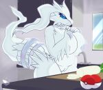  absurd_res anthro belly blue_eyes breasts dragon eyelashes female fur fur_tuft genitals hand_on_breast hi_res inside kitchen legendary_pok&eacute;mon lips looking_at_viewer nintendo nipples nude peach_pussy pok&eacute;ball pok&eacute;mon pok&eacute;mon_(species) pussy reshiram smile solo sp_advanced tuft video_games white_body 