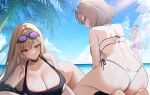  3girls anis_(nikke) anis_(sparkling_summer)_(nikke) ass bad_id bad_pixiv_id beach bikini black_one-piece_swimsuit blue_sky breasts brown_hair butt_crack cleavage commentary day eyewear_on_head goddess_of_victory:_nikke goggles goggles_on_head large_breasts looking_at_viewer mannermana multiple_girls neon_(blue_ocean)_(nikke) neon_(nikke) ocean official_alternate_costume one-piece_swimsuit outdoors rapi_(classic_vacation)_(nikke) rapi_(nikke) red_eyes sky sunglasses sunlight swimsuit tree white_bikini 