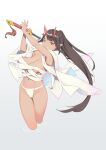  1girl bangs bigrbear black_hair blunt_bangs breasts cropped_legs eyebrows_visible_through_hair fundoshi green_eyes highres holding holding_sword holding_weapon horns japanese_clothes large_breasts long_hair looking_at_viewer navel oni_horns open_clothes original pointy_ears ponytail ripples sarashi solo sword weapon white_background 