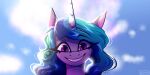  2:1 black_eyeliner blue_hair celes-969 equid equine eyeliner female hair hasbro hi_res horn izzy_moonbow_(mlp) lens_flare low-angle_view makeup mammal mlp_g5 my_little_pony purple_eyes redraw sky smile solo unicorn 