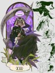  2boys black_hat black_robe brown_hair classicaloid closed_mouth commentary_request death_(tarot) franz_schubert_(classicaloid) frederic_chopin_(classicaloid) glasses halo hat holding holding_scythe long_sleeves looking_at_viewer male_focus multiple_boys multiple_views octahooves purple_eyes robe roman_numeral scythe tarot wings 