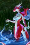  2020 5_fingers anthro breasts collar cowbell digital_media_(artwork) dragon facial_spikes female fingers genitals grass green_eyes hi_res horn imbolc navel nipples plant pussy red_body scalie solo spikes spikes_(anatomy) text url water white_body wings 