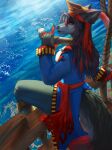  2019 5_fingers anthro blue_clothing boots bottomwear canid canine canis clothing female fingers footwear fur hair hat headgear headwear hi_res kaptainarr_(character) looking_back mammal momobeda multicolored_hair pants pirate red_clothing ship sitting solo vehicle watercraft wolf 