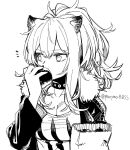  1girl animal_ears apple arknights bag breasts cleavage collar eating eyebrows_visible_through_hair food fruit fur-trimmed_jacket fur_trim greyscale hair_between_eyes holding holding_bag holding_food jacket large_breasts lion_ears looking_to_the_side monochrome notice_lines open_clothes open_jacket paper_bag ponytail siege_(arknights) simple_background solo studded_collar tank_top twitter_username upper_body white_background yom_(ymayma00ss) 