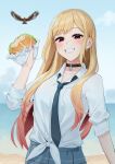  1girl artist_name bangs black_choker blonde_hair blue_skirt blurry blurry_background burger choker commentary day ear_piercing english_commentary eyebrows_visible_through_hair food food_on_face grin highres holding holding_food kitagawa_marin long_hair looking_at_viewer necktie outdoors piercing red_eyes sasoura school_uniform shirt sketch skirt sleeves_rolled_up smile solo sono_bisque_doll_wa_koi_wo_suru tied_shirt very_long_hair white_shirt 