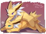  &lt;3 2022 3_toes 4:3 ambiguous/ambiguous ambiguous_gender bite blue_eyes claws dated duo ear_bite ear_nom eeveelution feet feral fur hi_res ivan-jhang jolteon kemono lying nintendo nom on_front paws pok&eacute;mon pok&eacute;mon_(species) purple_eyes signature toe_claws toes translated_description video_games white_body white_fur yellow_body yellow_fur 