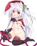  1girl :o absurdres animal_ear_fluff animal_ears bell black_gloves black_thighhighs blush bottomless bow breathing_on_hands capelet christmas commentary_request dog_ears dog_girl dog_tail fang fingerless_gloves full_body fur-trimmed_capelet fur-trimmed_gloves fur-trimmed_headwear fur_trim gloves green_bow groin hair_bell hair_between_eyes hair_bow hair_ornament hairclip hands_up hat highres koinu-chan kujou_danbo long_hair looking_at_viewer nail_polish naked_capelet navel no_shoes one_side_up open_mouth original pink_nails pom_pom_(clothes) red_bow red_capelet red_eyes red_hat red_ribbon ribbon santa_hat simple_background sitting solo stomach tail thighhighs very_long_hair wariza white_background white_hair 