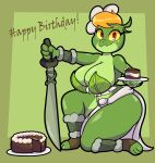  2022 4k absurd_res anthro big_breasts birthday blonde_hair bottomwear breasts cake cleavage clothed clothing curvy_figure dessert dialogue digital_media_(artwork) english_text eyelashes feet female fingers food green_body green_scales hair hi_res hourglass_figure huge_breasts kneeling leaf_clothing lira_(joaoppereiraus) lizard loincloth looking_at_viewer melee_weapon multicolored_body multicolored_scales red_eyes reptile scales scalie short_hait side_boob simple_background smile solo someth1ngoranother sword text thick_thighs toes two_tone_body two_tone_scales voluptuous weapon wide_hips yellow_sclera 