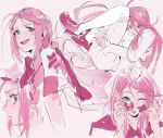  1boy asymmetrical_eyewear blue_eyes blush braid classicaloid dress_shirt fang long_hair male_focus multiple_views octahooves one_eye_closed open_mouth pantyhose pink_footwear pink_theme shirt star-shaped_eyewear star_(symbol) very_long_hair white_pantyhose wolfgang_amadeus_mozart_(classicaloid) 