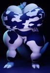  3d_(artwork) animal_print anthro big_breasts black_and_blue blender_(software) blue_body blue_eyes breast_squish breasts clothing cow_print darkdraketom digital_media_(artwork) female hi_res huge_breasts looking_at_viewer mature_female monochrome nidoqueen nintendo pok&eacute;mon pok&eacute;mon_(species) simple_background smile solo squish thick_thighs tight_clothing video_games 
