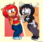 2024 2_horns 4_fingers angry anthro belt black_clothing black_hair black_nose black_shirt black_topwear blue_bottomwear blue_clothing blue_footwear blue_jeans blue_pants blue_shoes bodily_fluids bottomwear bovid breasts caprine clothed clothed_anthro clothed_female clothing cross-popping_vein denim denim_bottomwear denim_clothing digital_drawing_(artwork) digital_media_(artwork) duo eye_contact eyelashes female female/female female_anthro fingers fist footwear full-length_portrait glistening glistening_hair grey_body grey_bottomwear grey_clothing grey_ears grey_jeans grey_pants hair hi_res horn imrachets jeans lammy_lamb lipstick looking_at_another makeup mammal midriff narrowed_eyes nervous_smile open_mouth orange_body orange_ears pants parappa_the_rapper portrait rammy_lamb red_clothing red_hair red_shirt red_topwear sheep shirt shoes skull_and_crossbones smile sony_corporation sony_interactive_entertainment standing sweat sweatdrop t-shirt teeth topwear um_jammer_lammy white_belt white_horn