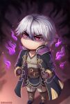  absurdres boots chibi cloak evomanaphy fire fire_emblem fire_emblem_heroes furrowed_brow gloves grima_(fire_emblem) highres looking_up no_mouth purple_cloak purple_fire red_eyes robin_(fire_emblem) robin_(fire_emblem)_(male) slit_pupils white_hair 