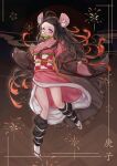  1girl ahoge animal_ear_fluff animal_ears anmaki arm_warmers bit_gag black_coat black_hair border brown_background chinese_zodiac coat colored_tips english_commentary floating_hair full_body gag hair_ribbon haori highres japanese_clothes jumping kamado_nezuko kemonomimi_mode kimetsu_no_yaiba kimono long_hair long_sleeves looking_at_viewer mixed-language_commentary mouse_ears multicolored_hair obi off_shoulder orange_hair orange_ribbon pinching_sleeves pink_kimono ribbon sash solo tabi two-tone_hair very_long_hair wide_sleeves year_of_the_rat 