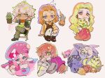  1girl 4boys bird black_jacket blonde_hair blue_eyes blush bow bowtie brown_hair cape cat chibi chibi_only classicaloid commentary fish franz_liszt_(classicaloid) franz_schubert_(classicaloid) frederic_chopin_(classicaloid) green_eyes green_pants grey_hair grey_pants grey_shirt hasshii_(classicaloid) hat holding_matchstick jacket long_sleeves ludwig_van_beethoven_(classicaloid) multiple_boys octahooves open_mouth orange_bow orange_bowtie orange_jacket pants pink_footwear pink_hair pink_hat plant potted_plant purple_cape purple_eyes shirt shoebill shoes short_hair wolfgang_amadeus_mozart_(classicaloid) 