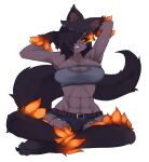  1girl abs animal_ear_fluff animal_ears animal_feet animal_hands arms_behind_head arms_up bangs belt black_fur black_hair black_sclera breasts colored_sclera colored_skin commentary cutoffs dark-skinned_female dark_skin dog_ears dog_girl dog_tail english_commentary flaming_eyes full_body grey_skin grin hair_over_one_eye hellhound_(monster_girl_encyclopedia) large_breasts looking_at_viewer monster_girl monster_girl_encyclopedia muscular muscular_female one_eye_covered orange_eyes rtil short_hair short_shorts shorts simple_background sitting smile solo stomach strapless tail teeth tube_top white_background 