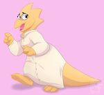  alphys anthro barefoot buckteeth clothed clothing eyewear feet female fully_clothed gesture glasses hi_res lizard looking_at_viewer nervous open_mouth pointing reptile scales scalie side_view simple_background solo teeth thecrazyraccoon thick_tail undertale undertale_(series) video_games walking watermark yellow_body yellow_scales 