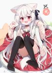  1girl :d animal animal_ears black_thighhighs blush bow brown_jacket commentary_request dog_ears dog_girl dog_tail fang frilled_skirt frills grey_background hair_between_eyes hands_up highres jacket koinu-chan kujou_danbo long_hair long_sleeves looking_at_viewer no_shoes open_clothes open_jacket original plaid_bow red_bow red_eyes red_skirt sailor_collar shirt skirt sleeves_past_wrists smile snake soles solo star_(symbol) tail thighhighs v very_long_hair white_hair white_sailor_collar white_shirt white_snake x_x 