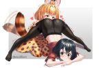  2girls arched_back arm_rest black_eyes black_hair black_legwear extra_ears face_in_crotch female_pervert flexible full_body gloves hair_between_eyes hands_on_ground heart high-waist_skirt highres jack-o&#039;_challenge kaban_(kemono_friends) kemono_friends meme multiple_girls neukkom pantyhose pervert pose print_gloves print_skirt red_shirt serval_(kemono_friends) serval_print shirt short_hair skirt spread_legs stretch striped_tail tail tail_wagging top-down_bottom-up wavy_hair wide_spread_legs yuri 