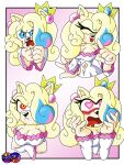  3:4 absurd_res anthro blue_eyes blue_hair blush breasts clothed clothing crown curled_hair digital_media_(artwork) dress ear_piercing eggbot15 eulipotyphlan facial_expressions fan_character female fur hair hedgehog hi_res mammal open_mouth piercing pink_hair princess_the_hedgehog sega simple_background smile solo sonic_the_hedgehog_(series) tongue white_clothing white_dress yellow_body yellow_fur 