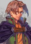 1boy black_cape blue_eyes brown_hair cape glasses green_jacket grey_background grin high_collar hungry_clicker jacket lezard_valeth looking_at_viewer male_focus orange_shirt shirt short_hair smile solo upper_body valkyrie_profile 