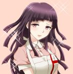  1girl apron bangs black_hair blush breasts brown_background closed_mouth collared_shirt danganronpa_(series) danganronpa_2:_goodbye_despair dosugon large_breasts long_hair looking_at_viewer mole mole_under_eye pink_eyes pink_shirt puffy_short_sleeves puffy_sleeves shirt short_sleeves sparkle tsumiki_mikan upper_body white_apron 