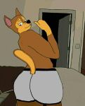  anonymous_artist anthro bedroom big_butt briefs butt canid canine canis chase_(paw_patrol) clothed clothing domestic_dog half-closed_eyes humanoid looking_at_own_butt looking_back male mammal multicolored_body narrowed_eyes nude paw_patrol solo thick_thighs tight_fit tighty_whities two_tone_body underwear underwear_only white_clothing white_underwear wide_hips 