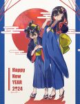  1boy 1girl 2024 black_hair blue_kimono blush carmine_(pokemon) closed_mouth crossed_bangs flower fur_collar hagoita hair_between_eyes hair_flower hair_ornament hairband happy_new_year highres holding japanese_clothes kieran_(pokemon) kimono long_hair looking_at_viewer mole mole_under_eye mut05 new_year paddle pokemon pokemon_sv purple_hair red_hair sandals sash smile twitter_username wide_sleeves yellow_eyes yellow_hairband 