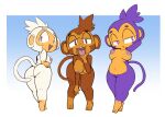  anthro bloons_tower_defense breasts ezili female fur genitals group haplorhine hi_res mammal monkey nude presenting primate purple_body purple_fur pussy tongue tongue_out trio vono white_body white_fur 